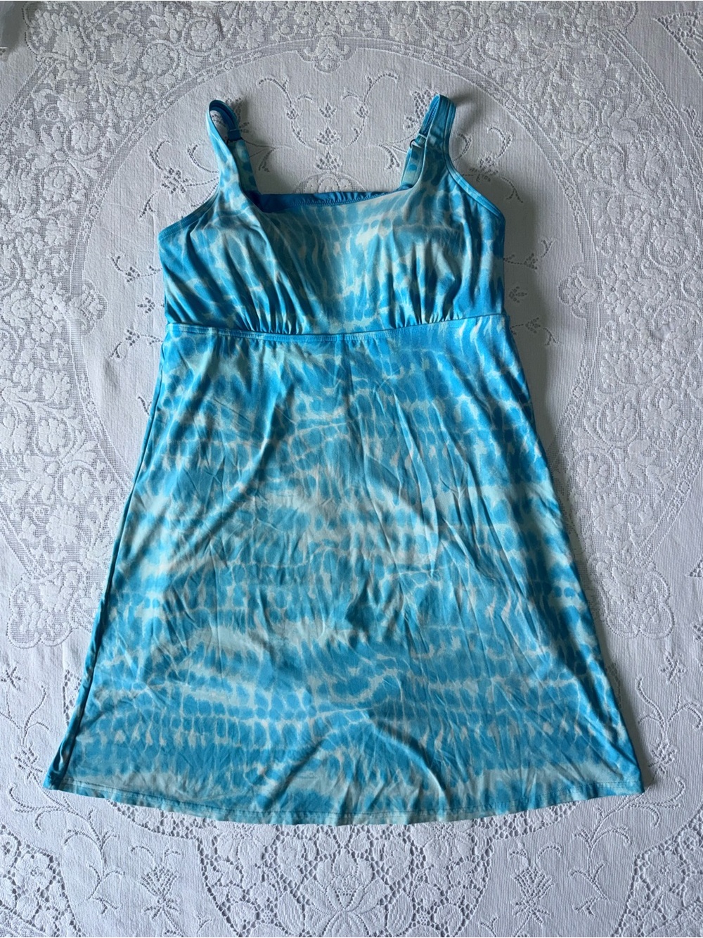Lands‎ end swim dress attached shorts pockets size large blue white